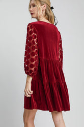 Umgee Dotted Lace Sleeve Tiered Velvet Mini Dress OutfitFlow